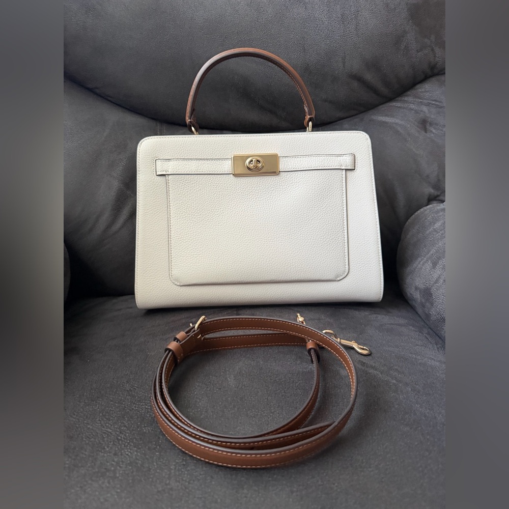 Coach Cream Pebbled Leather Satchel with Brown Strap